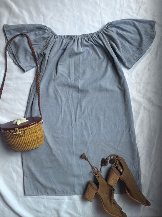 Love Chesley Dresses & Skirts - Striped Blue and White Off-Shoulder Mini Dress